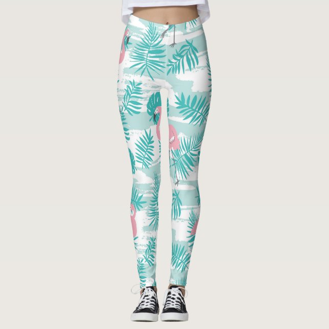 Rosa Flamingos, grüne Blätter aus Palmen, tropisch Leggings (Vorderseite)