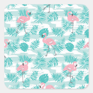 Rosa Flamingos, grüne Blätter aus Palmen, tropisch Quadratischer Aufkleber