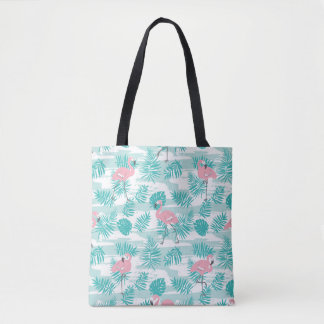 Rosa Flamingos, grüne Blätter aus Palmen, tropisch Tasche