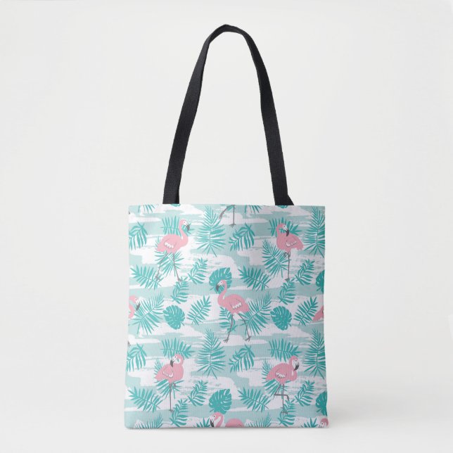 Rosa Flamingos, grüne Blätter aus Palmen, tropisch Tasche (Vorderseite)