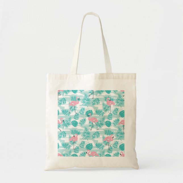 Rosa Flamingos, grüne Blätter aus Palmen, tropisch Tragetasche (Vorne)