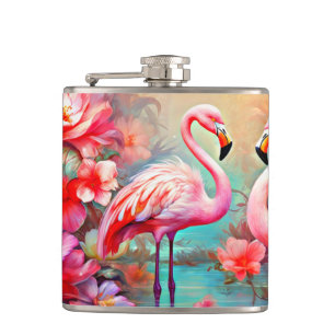Rosa Flamingos in einem See mit Blume-20231 Flachmann