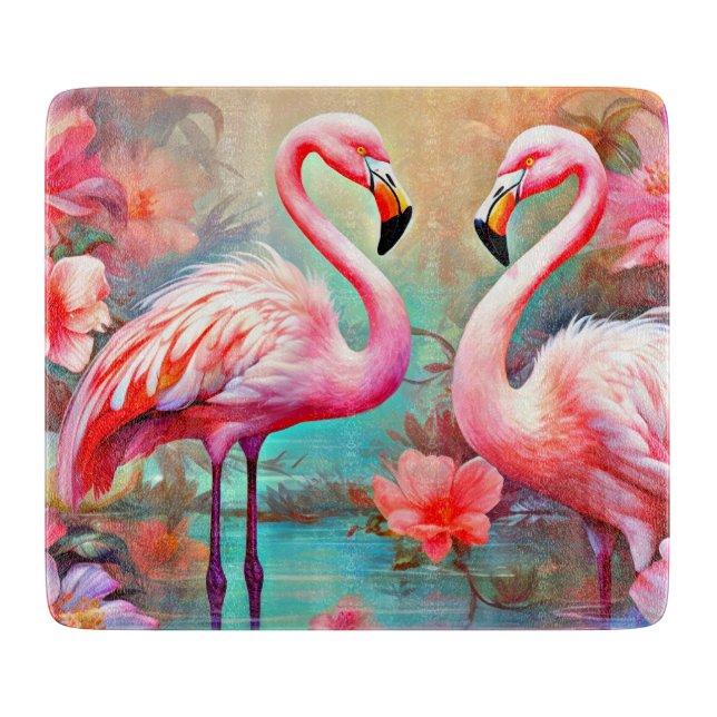 Rosa Flamingos in einem See mit Blume-20231 Schneidebrett (Vorderseite)