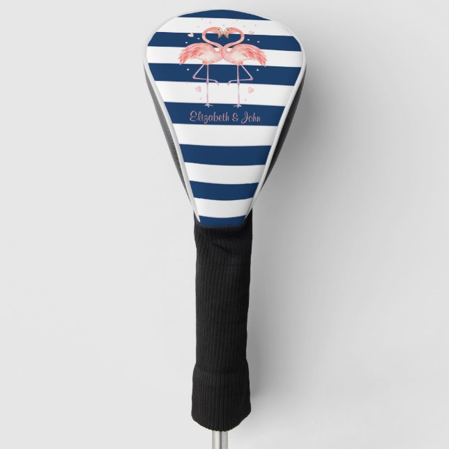 Rosa Flamingos in Liebe, blaue Streifen Golf Headcover (Vorderseite)