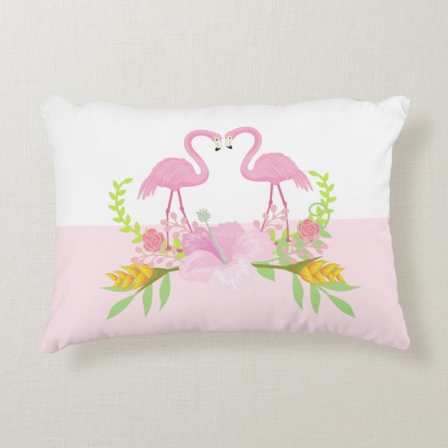Rosa Flamingos lieben tropische Blume Dekokissen (Vorderseite)