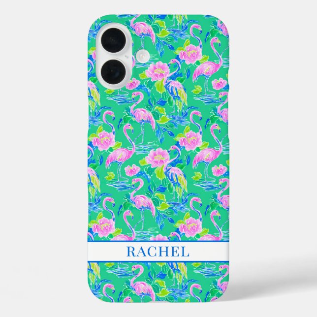 Rosa Flamingos mit Monogramm iPhone 16 Plus Hülle (Rückseite)
