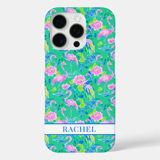 Rosa Flamingos mit Monogramm iPhone 16 Pro Hülle (Rückseite)