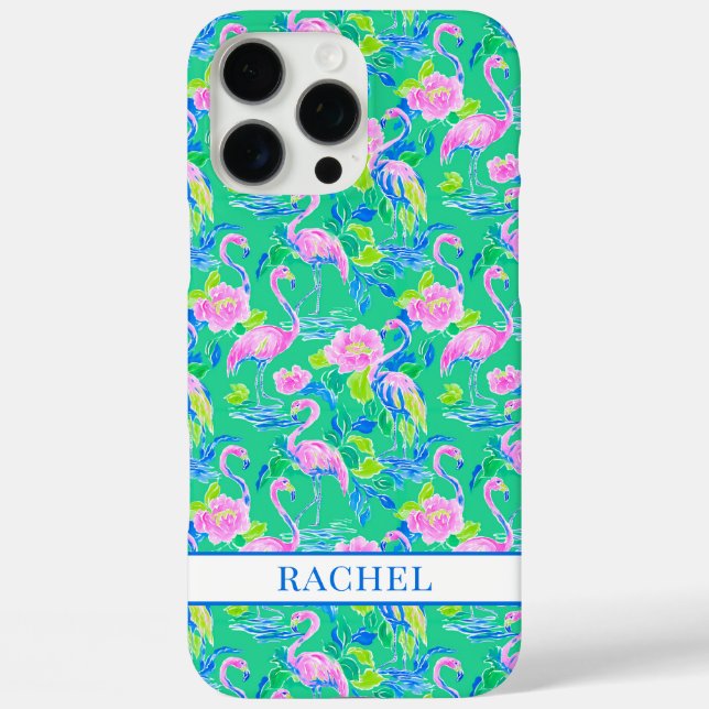 Rosa Flamingos mit Monogramm iPhone 16 Pro Max Hülle (Rückseite)