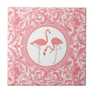 Rosa Flamingos mit rosa und weißen floralen Schwün Fliese