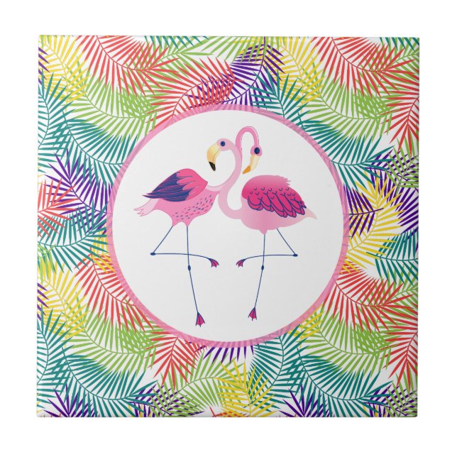 Rosa Flamingos mit tropischem Blattmuster Fliese (Vorderseite)