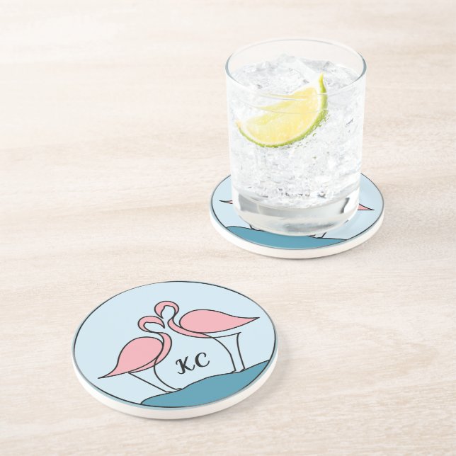 Rosa Flamingos Monogramm Kunst, oder Foto Sandstei Getränkeuntersetzer (Seite)