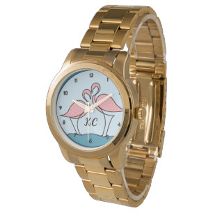 Rosa Flamingos Monogramm Übergröße Goldarmband Armbanduhr