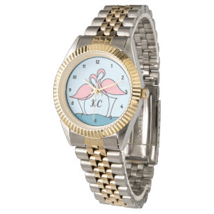 Rosa Flamingos Monogramm Unisex Zwei-Ton-Armband Armbanduhr