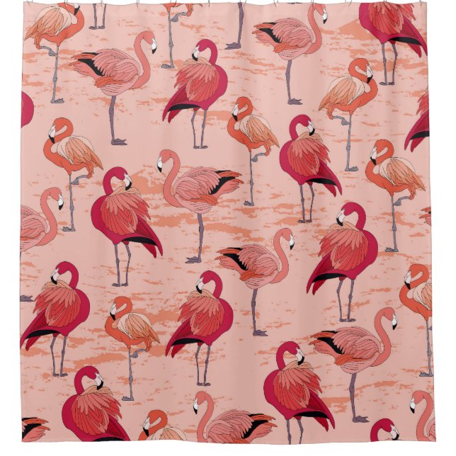 Rosa Flamingos: Nahtloses tropisches Muster Duschvorhang (Vorderseite)
