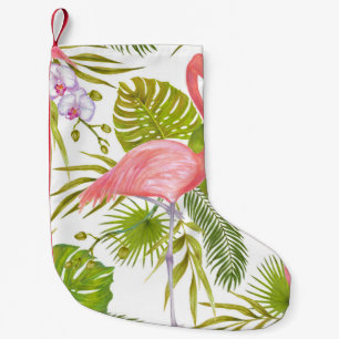 Rosa Flamingos, Orchideen: Aquarellmuster. Kleiner Weihnachtsstrumpf