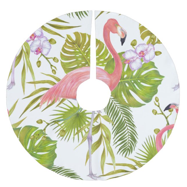 Rosa Flamingos, Orchideen: Aquarellmuster. Polyester Weihnachtsbaumdecke (Vorderseite)