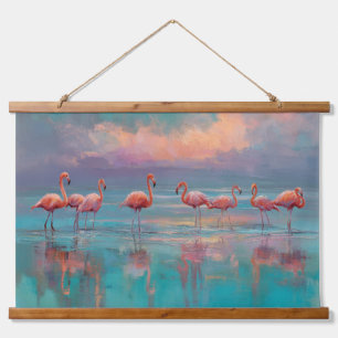 Rosa Flamingos Pastell-Sonnenuntergang Wasser-Wand Wandteppich Mit Holzrahmen