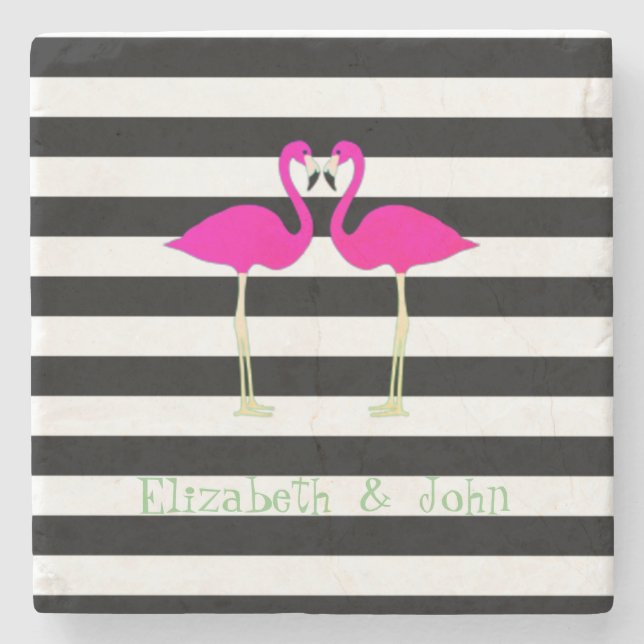 Rosa Flamingos, Schwarz-weiße Streifen, Personalis Steinuntersetzer (Vorderseite)