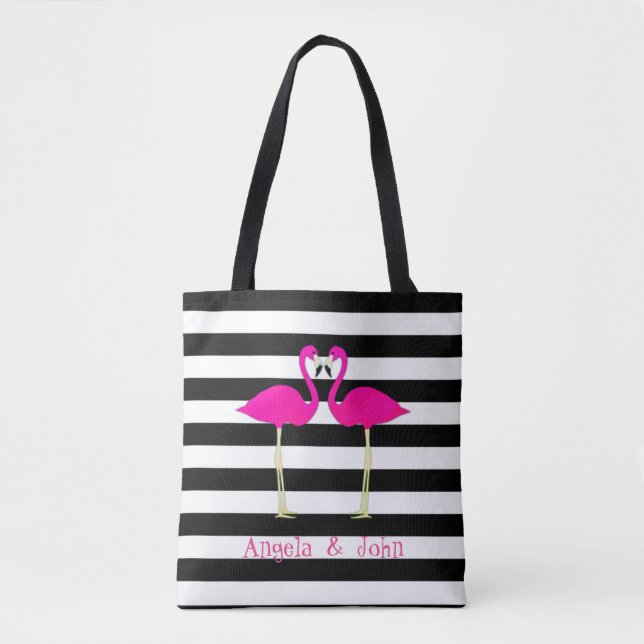 Rosa Flamingos, Schwarz, Weiße Streifen Personalis Tasche (Vorderseite)