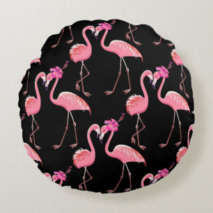 Rosa Flamingos: Schwarzer Hintergrund Vintage Rundes Kissen