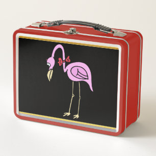 Rosa Flamingos stehend mit einer roten Bogen-Krawa Metall Brotdose