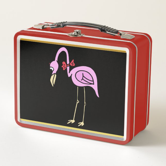 Rosa Flamingos stehend mit einer roten Bogen-Krawa Metall Brotdose (Vorderseite)