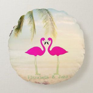 Rosa Flamingos, Strand, Palme, Personalisiert Rundes Kissen