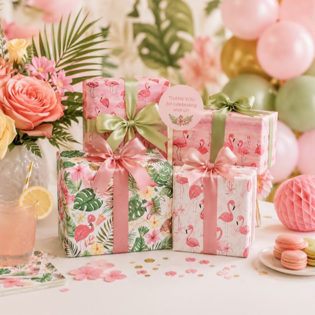 Rosa Flamingos tropische Blätter (Tropical flamingo wrapping paper-3 sheets )