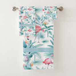 Rosa Flamingos tropische Blätter Blume Muster Badhandtuch Set