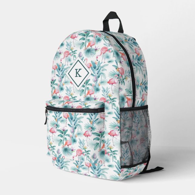 Rosa Flamingos tropische Blume Muster Bedruckter Rucksack (Rückseitige Ecke Rechts)