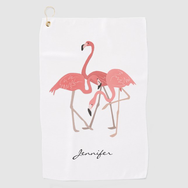 Rosa Flamingos tropische Vögel mit Ihrem Namen Golfhandtuch (Vorderseite)