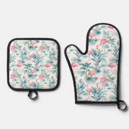 Rosa Flamingos tropisches Blätter Muster Ofenhandschuh & Topflappen-Set
