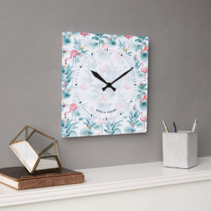 Rosa Flamingos tropisches Blätter Muster Quadratische Wanduhr
