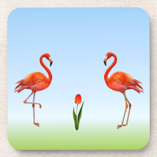 Rosa Flamingos & Tulpenblüte auf Hellblau Getränkeuntersetzer