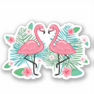 Rosa Flamingos u. Blumen Aufkleber