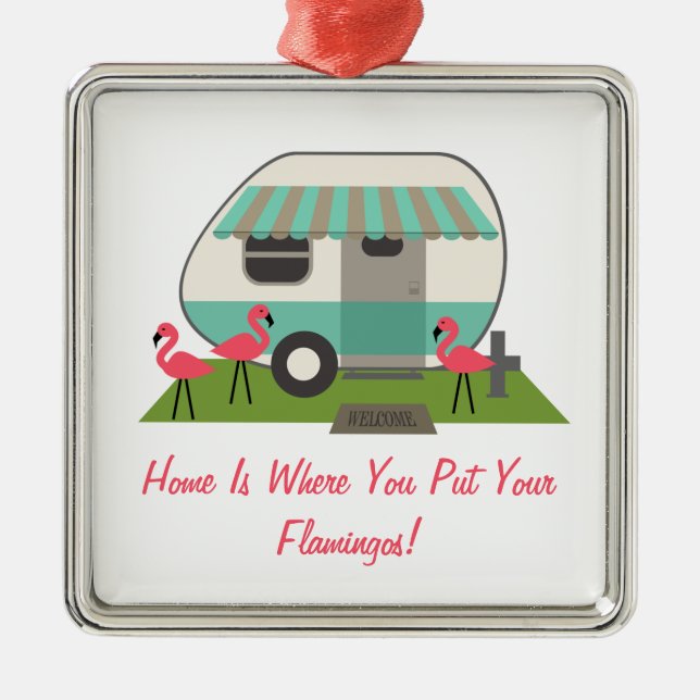 Rosa Flamingos u. Retro Silbernes Ornament (Vorne)