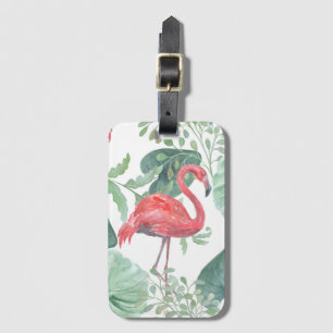 Rosa Flamingos und Blätter in Aquarell. Gepäckanhänger