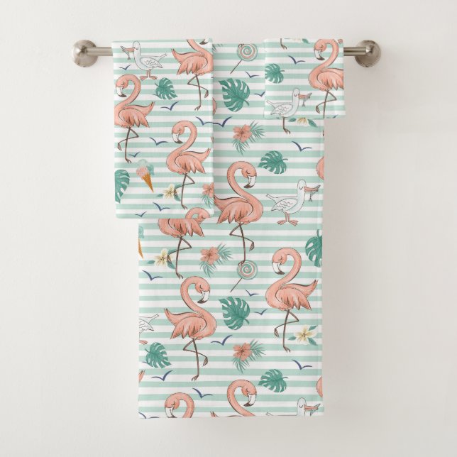Rosa Flamingos und Möwen Badhandtuch Set (Insitu)
