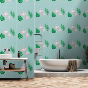 Rosa Flamingos und Palm Blätter auf Aquamarinen Tapete