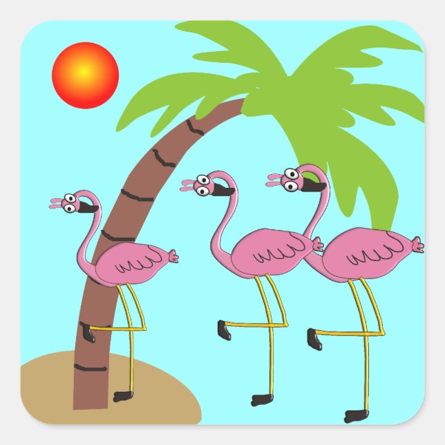Rosa Flamingos und Palmenbaumgeschenke Quadratischer Aufkleber (Vorderseite)