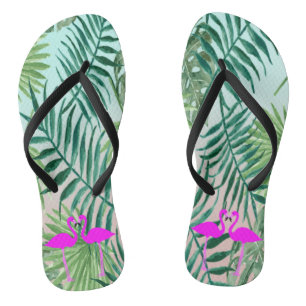 Rosa Flamingos verliebt auf Palmwedeln Flip Flops