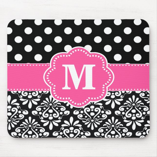 Rosa Fleck-Damast-Monogramm-Mausunterlage Mousepad (Vorne)