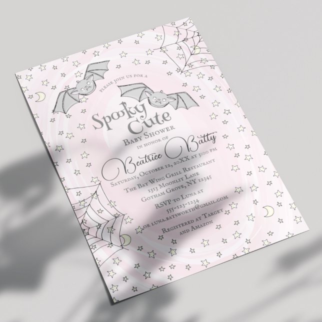 Rosa Fledermäuse Niedliche Babydusche Einladung (Cute Spooky Cute Baby Bats Pink Baby Shower Invitation for Baby Girl. Pink Swirls, Bats, Webs, Stars)