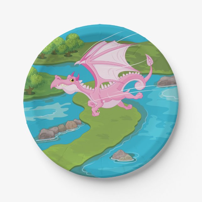 Rosa fliegender Drache über Fluss Pappteller (Vorderseite)