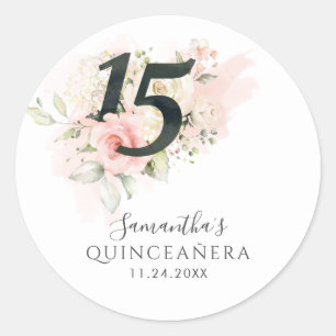 Rosa Flora 15. Geburtstag Quinceanera Grüne Runder Aufkleber