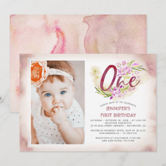 Rosa Flora 1. Geburtstag Foto Einladung