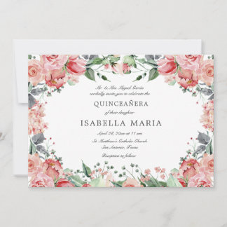 Rosa Flora Elegant Quinceñera Einladung