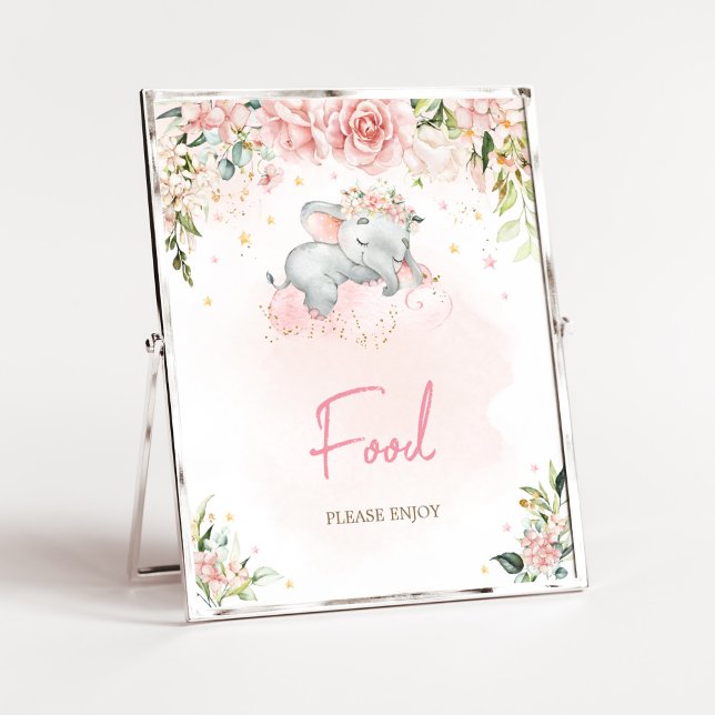 Rosa Flora Elephant Baby Dusche Nahrung Poster (Pink Floral Sleeping Elephant Baby Shower Food Sign)