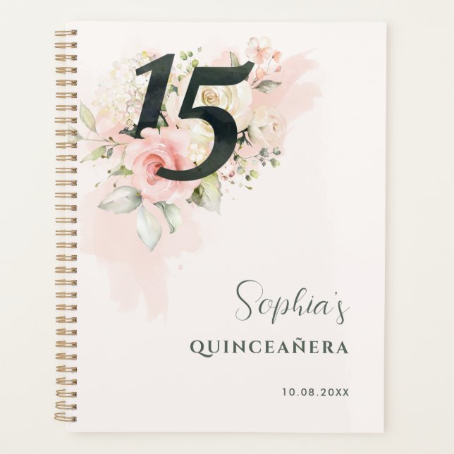 Rosa Flora Quinceanera Rustikaler Blush 15. Geburt Planer (Vorderseite)