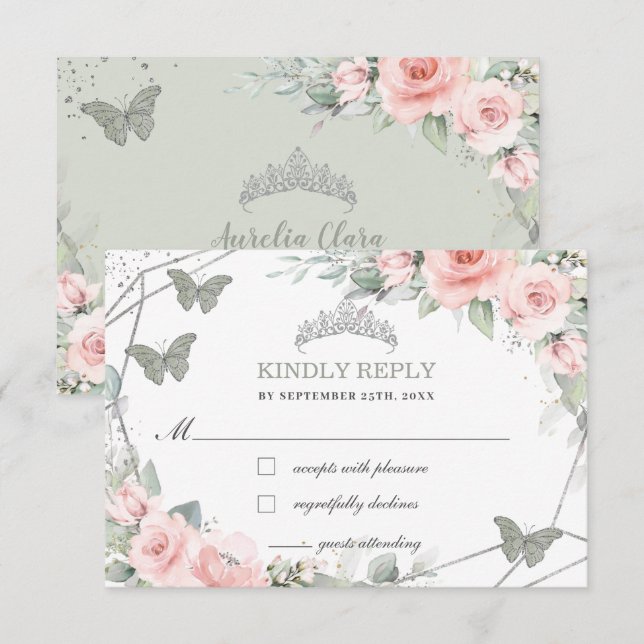 Rosa Flora Quinceañera Sage Grüne Schmetterlinge RSVP Karte (Vorne/Hinten)